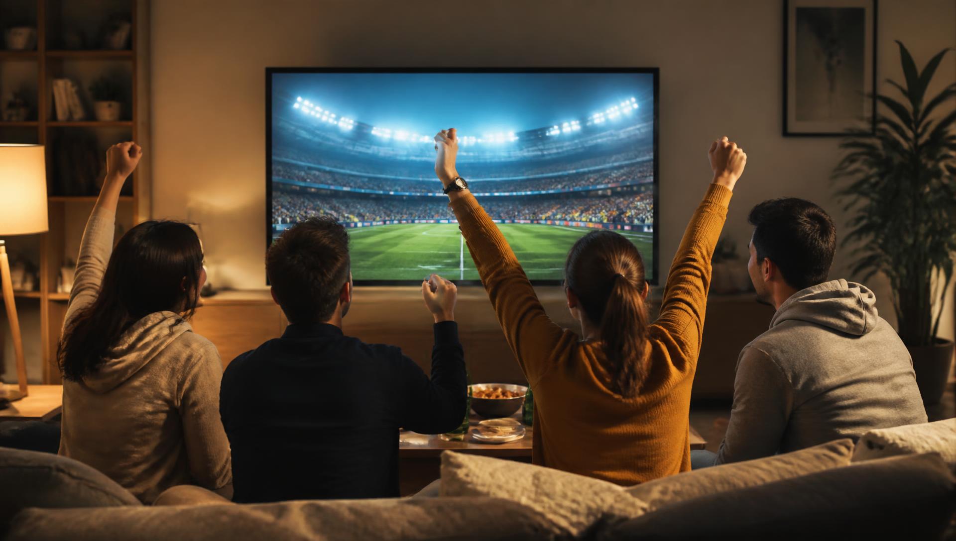 Friends watching a commercial during live sports on a large living-room television